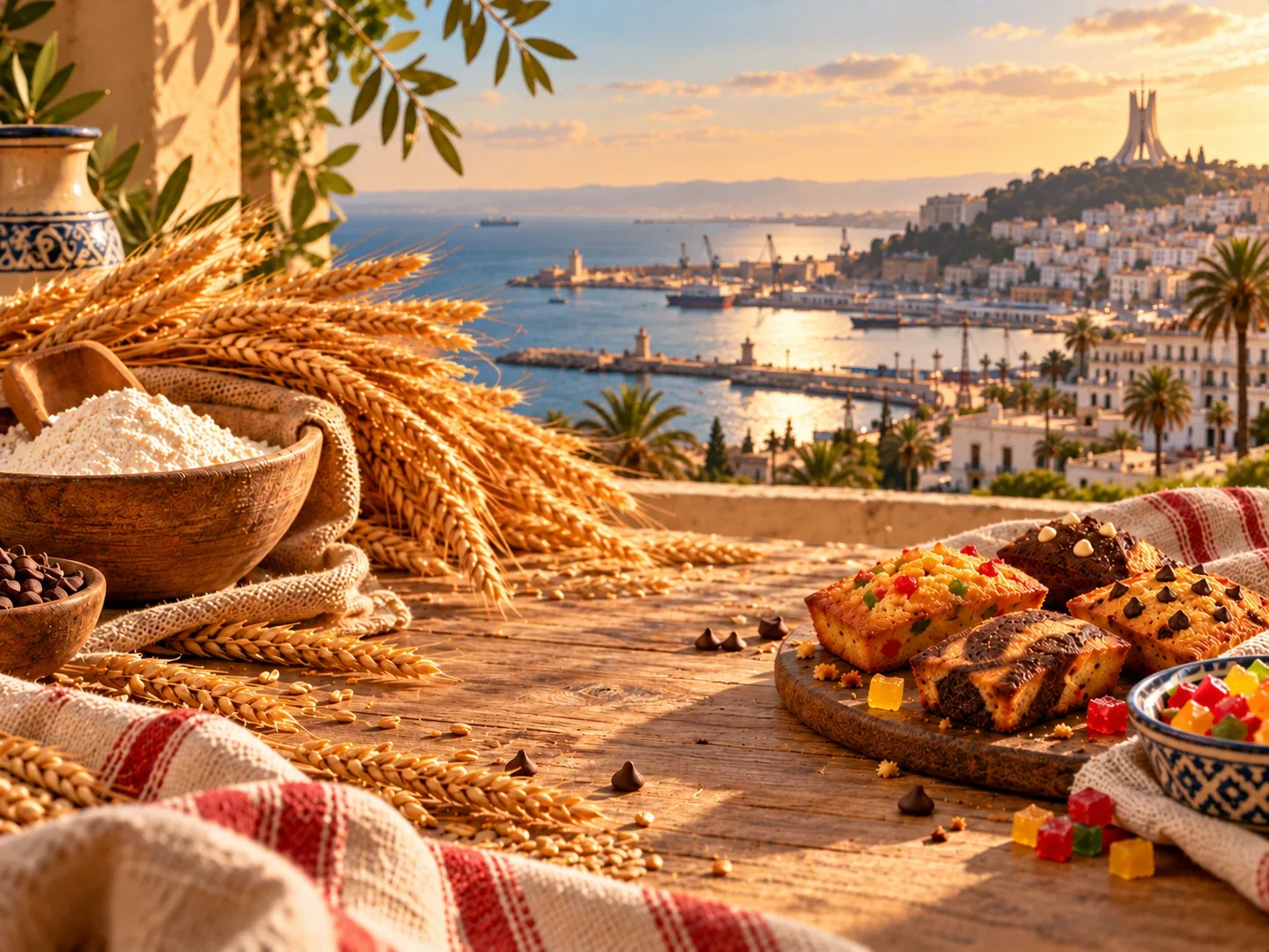 Épis de blé, farine et pépites de chocolat au premier plan, mini-cakes sur une planche et, en arrière-plan, la baie d’Alger au coucher du soleil avec le Sanctuaire du Martyr.