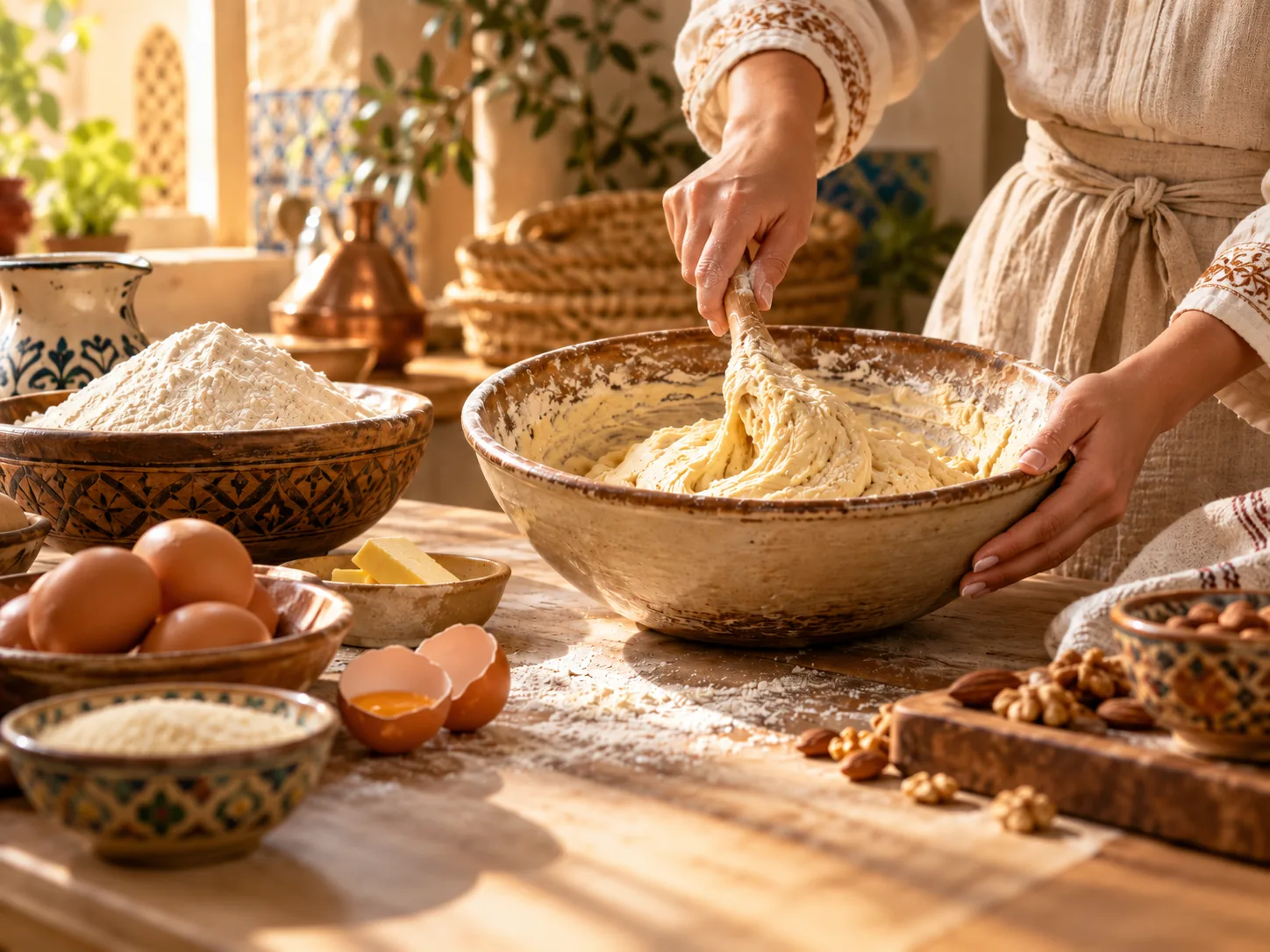 Mains féminines préparant une pâte dans un grand bol en terre cuite, entouré de farine, d’œufs, de beurre et de fruits secs.