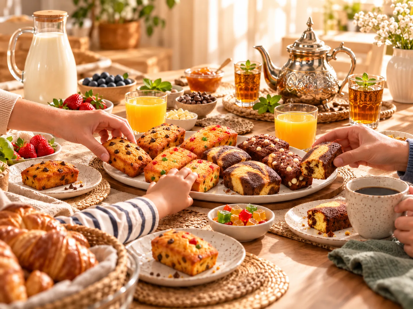 Table de petit-déjeuner familial : mini-cakes servis, lait, jus d’orange, théière et mains d’adultes et d’enfant qui se servent.