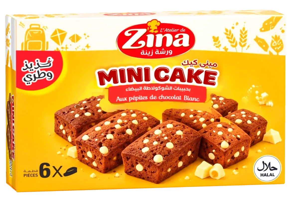 Boîte de 6 mini-cakes aux pépites de chocolat blanc, packaging jaune